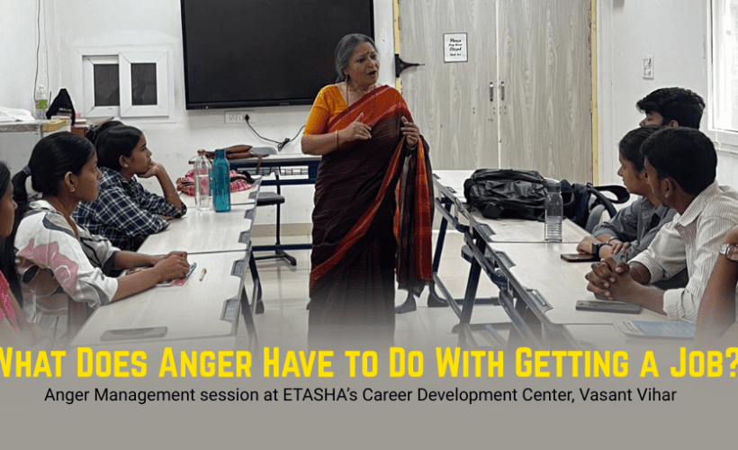 ETASHA facilitator mapping anger triggers on a digital board during a youth employability session in Delhi